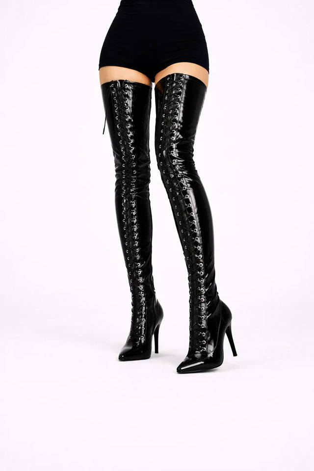 Women's Black Patent Thigh High Over The Knee Front Lace Up Stiletto Boots BS-11720