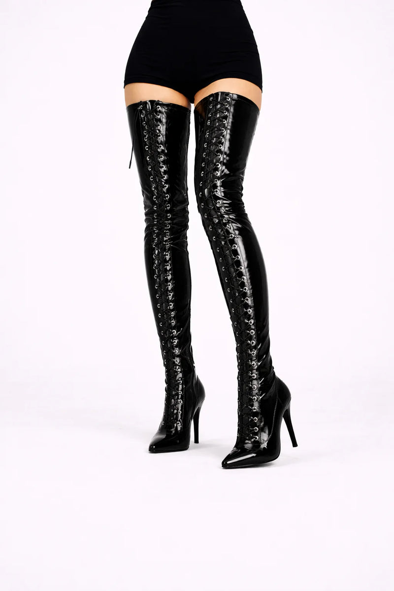 Women's Black Patent Thigh High Over The Knee Front Lace Up Stiletto Boots 11720