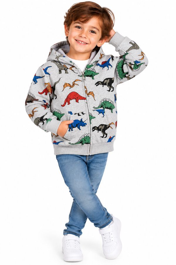Boys Dinosaur Hoodie – Kids Grey Zip Up Cotton Sweatshirt Long Sleeve Jumper Casual Top