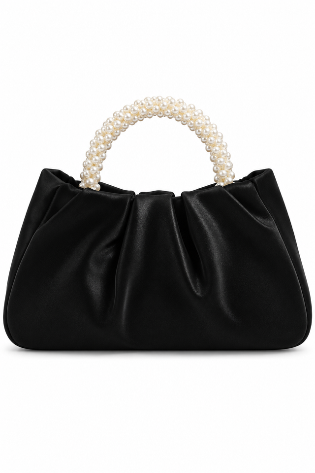 Pearl Handle Evening Clutch Bag for Women – Soft Leather Ruched Wedding Bridal Handbag
