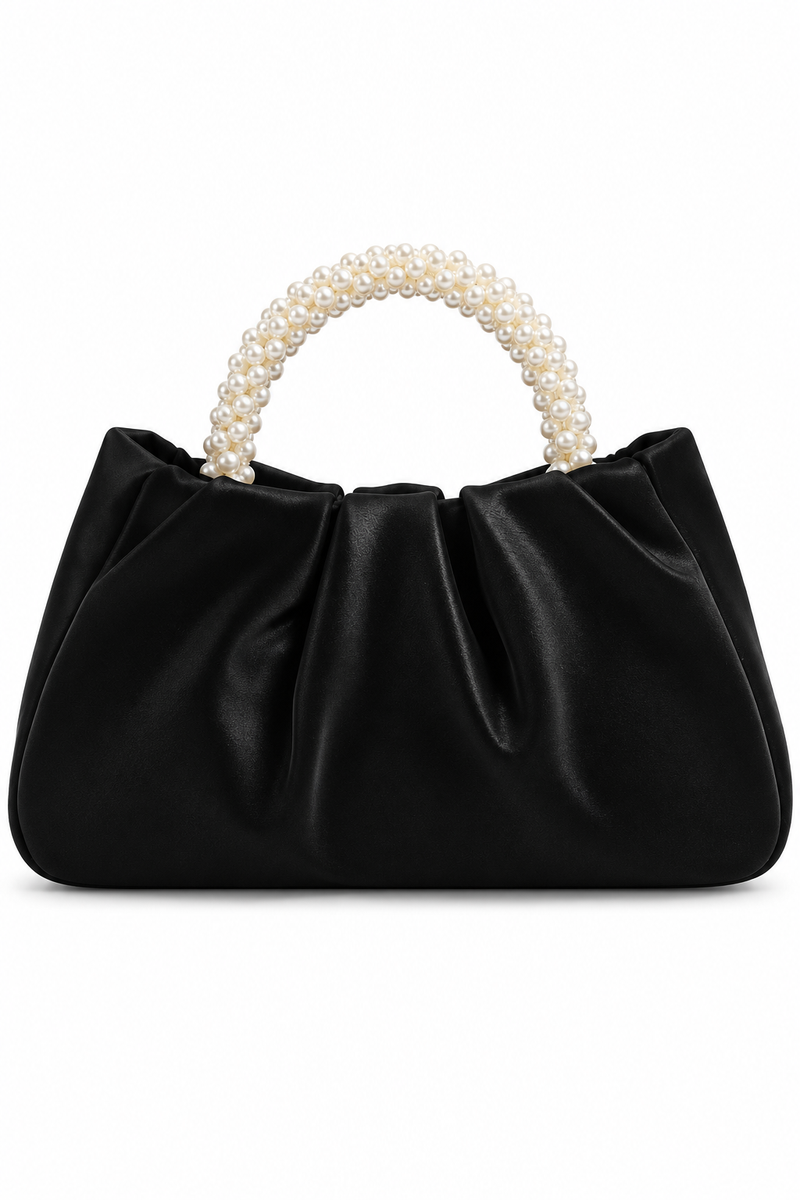 Pearl Handle Evening Clutch Bag for Women – Soft Leather Ruched Wedding Bridal Handbag