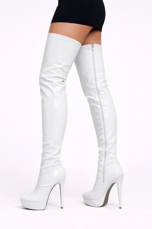 Women's White Patent Thigh High Over The Knee Stiletto Boots Zip BS-14777