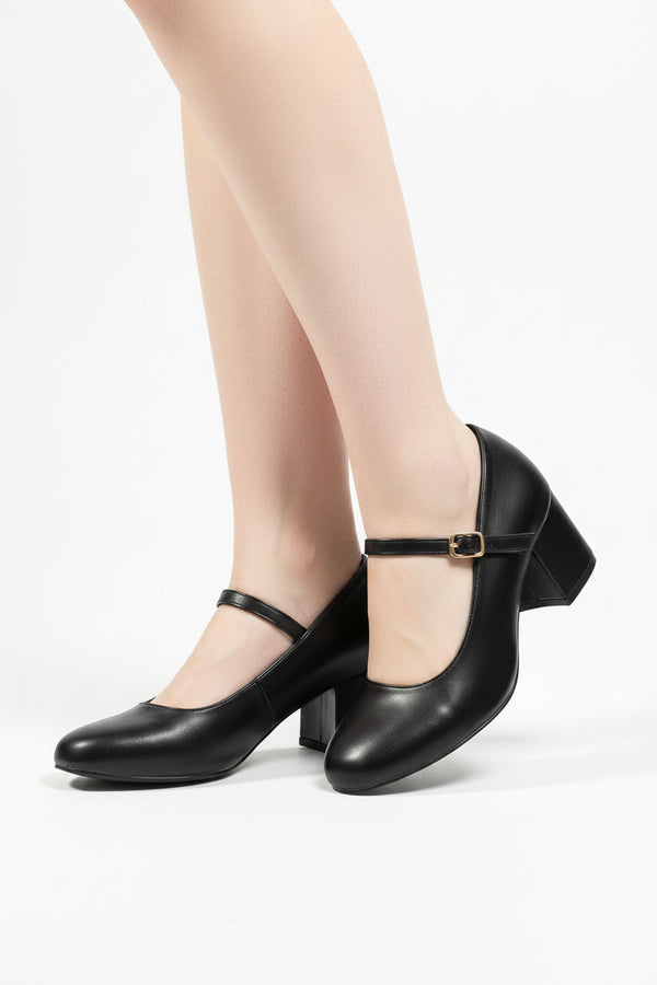 Women's Black Matte Round Toe Block Kitten Heel Shoes Patent Syanthetic G-1830-5