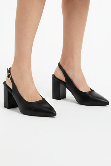 Women's Black Chunky Block Heel Slingback Court Shoes Pointed Toe Ankle Strap — G-285-1