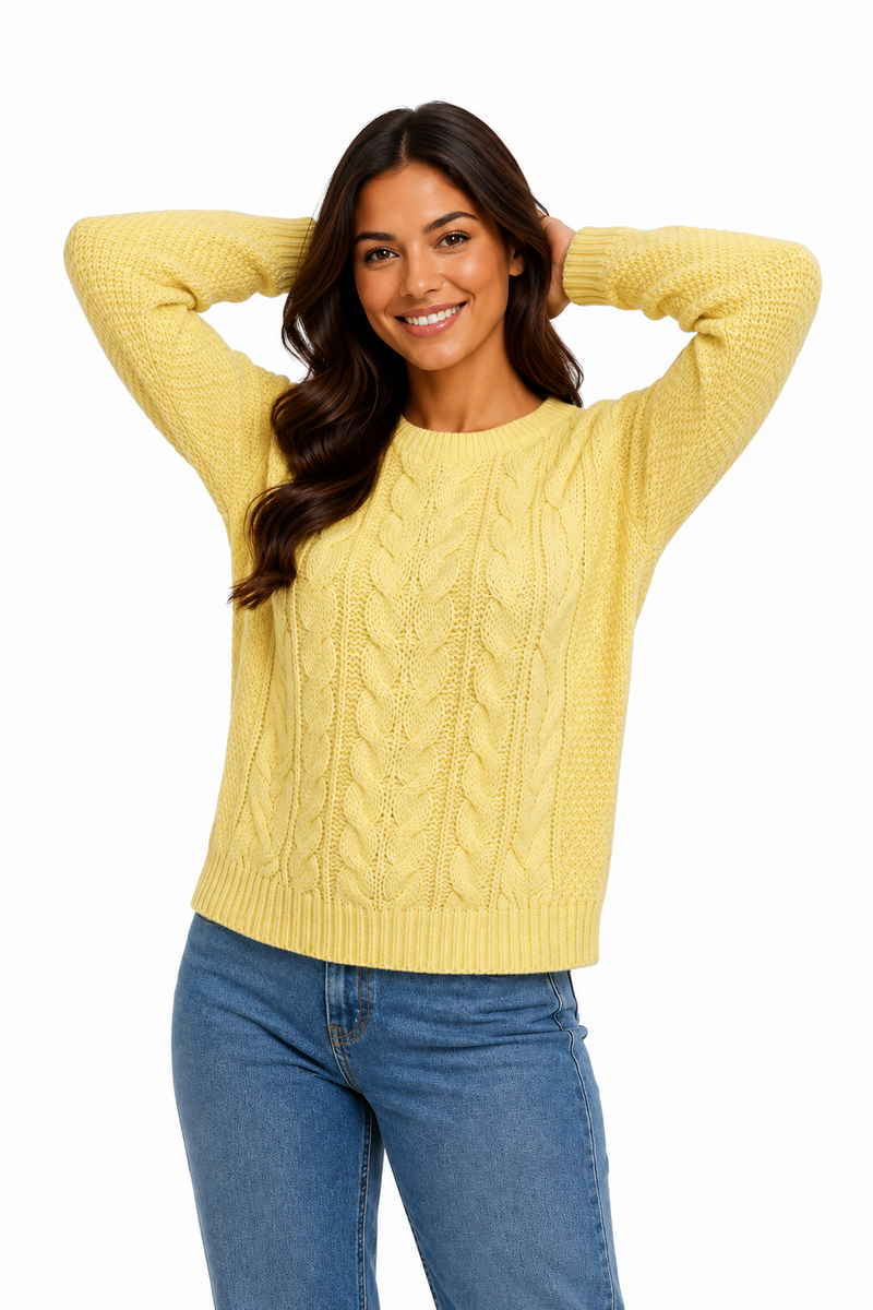 Ladies Cable Knit Crew Round Neck Long Sleeve Knitted Jumper Sweater - Primrose